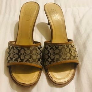 Coach monogrammed backless slides w/ kitten heel